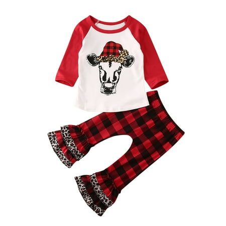 

Caitzr Baby Long Sleeve Long Pants Suit Merry Christmas Ruffle Tops T-shirt Plaids Pants Set