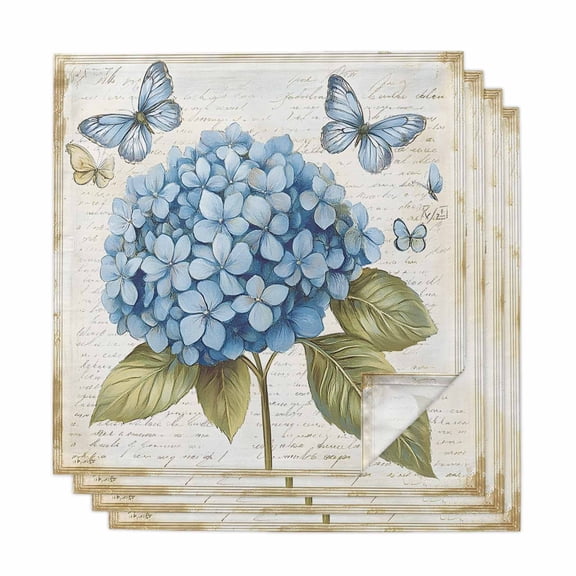 Blue Hydrangea Cloth Napkins, Spring Vintage Botanical Butterfly Washable and Reusable Dinner Napkins Set of 4, Table Napkin for Kitchen Party Birthday Wedding Hotel Housewarming 20"x20"