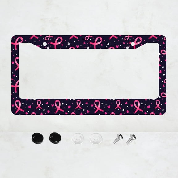 One piece, pink ribbon license plate frame, universal aluminum auto parts, 12x6 inches, with 2 holes and screws, suitable for standard American vehicles, vehicle decoration