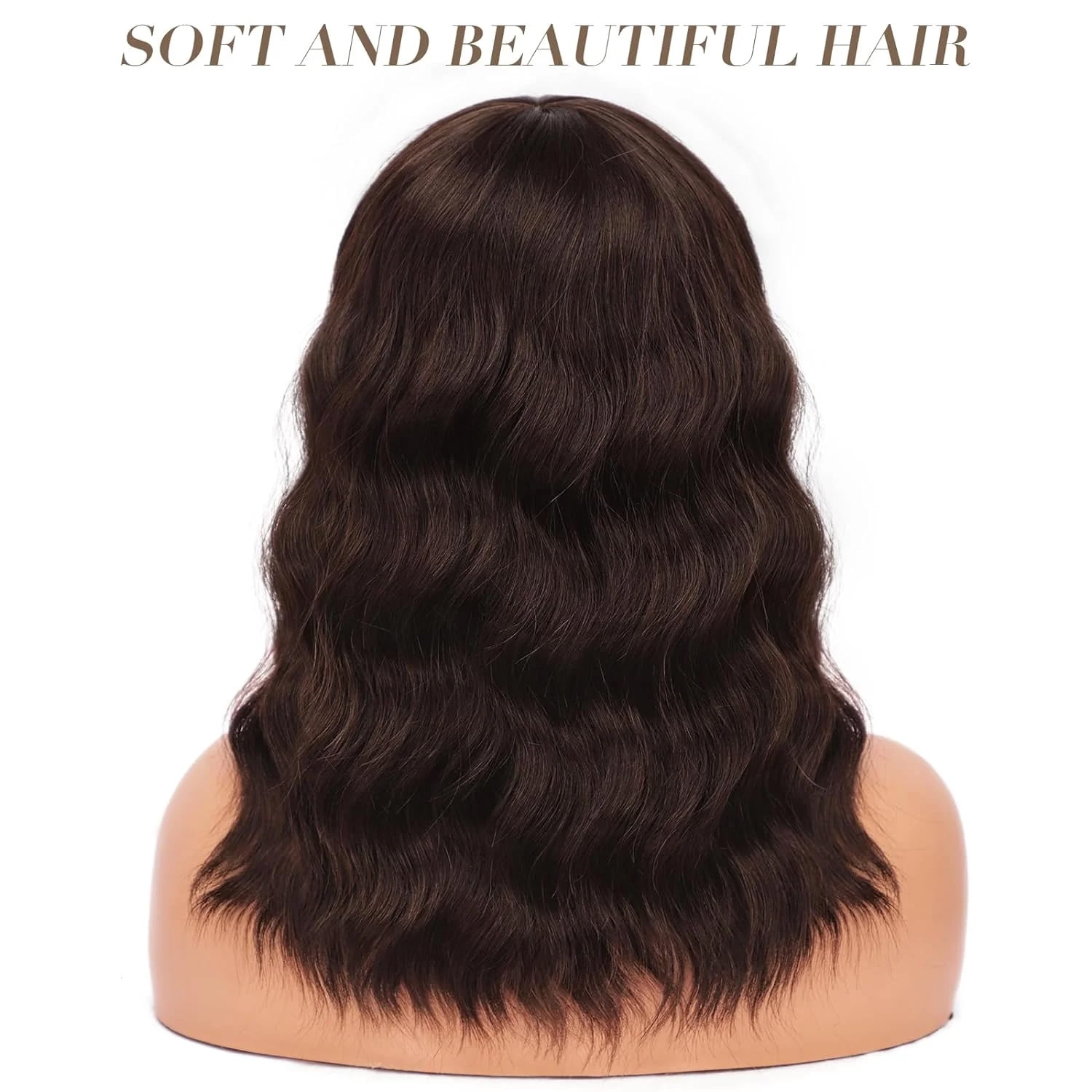 DOPI Short Wavy Wig with Bangs for Women Shoulder Length Bob Curly Women's Charming Synthetic Wigs with Natural Wavy Black To Brown Heat Resistant Hair for Daily Party Use