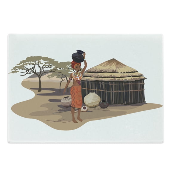 African Cutting Board, Native Woman Carrying a Pot Hut Tree Natural Landscape Village Illustration, Decorative Tempered Glass Cutting and Serving Board, Large Size, Multicolor, by Ambesonne