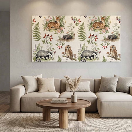 Badger Deer Owl Canvas Wall Art Rustic Forest Wilderness Nature Ferns Wild Berry Wall Art Prints Artwork Framed Canvas Ready to Hang Art Pictures for Living Room Villa Entrance Lobby 40 x 20