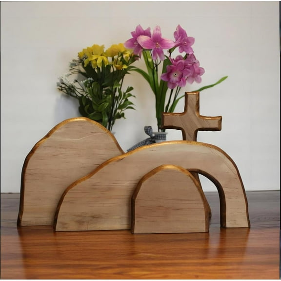 FYHALE The Empty Tomb Easter Scene and Cross Decoration, Jesus Tomb Easter Kit, Wooden Easter Jesus Sign Tiered Tray Decorations for The Home, Tabletop, Office (Wood)