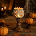 thumbnail image 3 of Byndra Fall White Pumpkin Candle Holder, Distressed Wood Pedestal Tealight Stand with Scalloped Rim, Vintage Thanksgiving Table Decor for Mantel, Dining Table, Entryway, 3 of 7