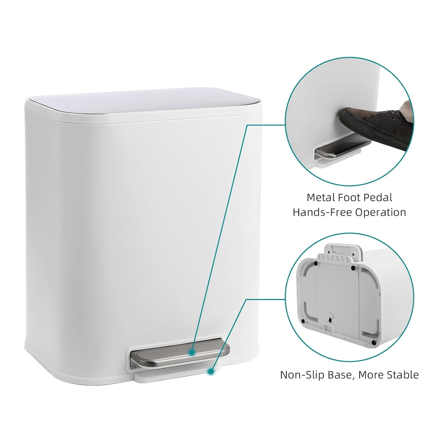 5.3 Gallon Bathroom Trash Can with Lid, Stainless Steel Foot Pedal Step Waste Bin, Removable Inner Bucket, Rectangular Small Garbage Can for Kitchen, Living Room, White