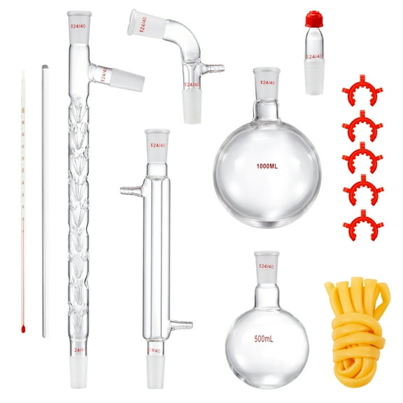 KFFKFF Laboratory Distillation Set, 3.3 Boro Laboratory Glassware Kit with 24, 40 Joint, 1000ml Apparatus for Essential Oil Distillation, 14 pcs Glassware Equipment Set