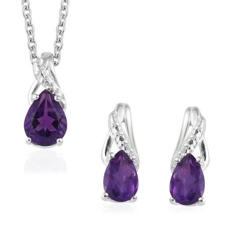 Amethyst Quartz Jewelry Set - Amethyst Sterling Silver Earrings and Chain Pendant Necklace Gift Set 1.5 Cttw Size 20