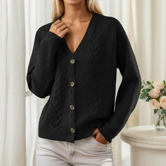 Dolkfu Button Down Fall Sweaters for Women Cable Knit Black V Neck Sweater Cardigan Knit Solid Blouse Winter Tops Women L