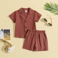 thumbnail image 3 of GYRATEDREAM Toddler Baby Boys Outfits Summer Solid Color Cotton Linen Turn Down Collar Button Short Sleeve Top + Elastic Shorts 2 Piece Sets Infant Suits for 6 Months-4 Years, 3 of 6