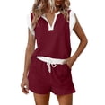 thumbnail image 2 of Womens Shorts Sets for Causal Summer Two Piece Tracksuit Lounge Wear Sets Crew Neck Shirt and Beach Shorts with Pockets Gym Airport Yoga Outfit Wine L, 2 of 7