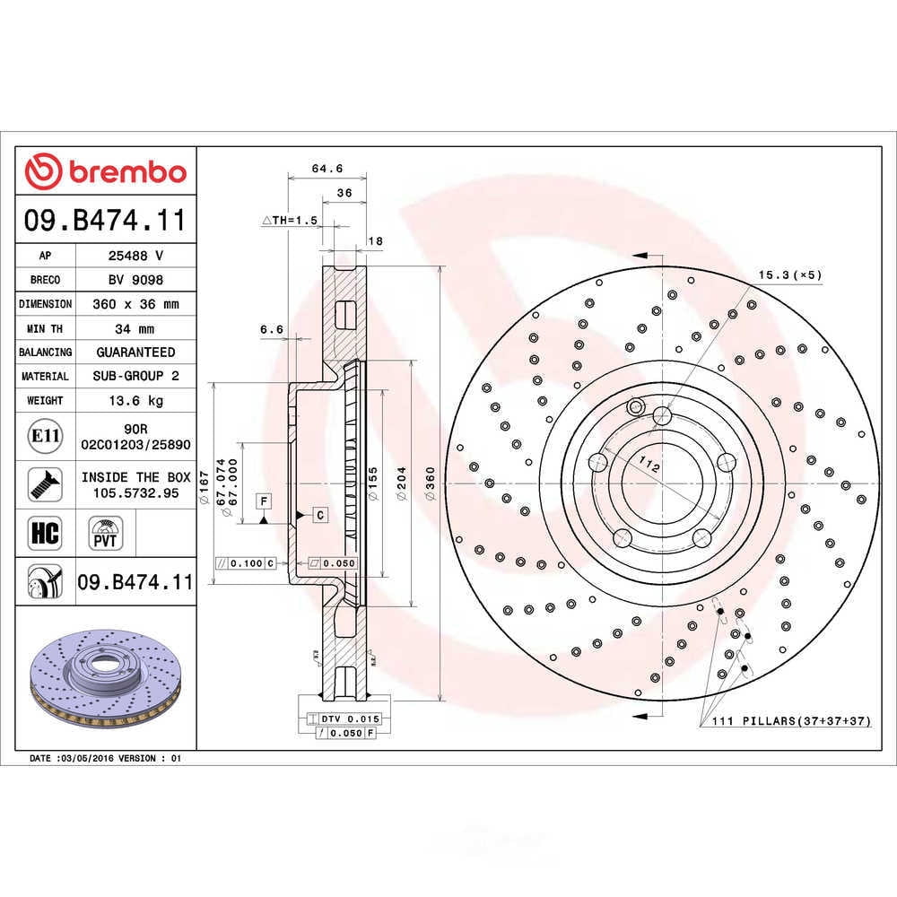 Brembo 09.B474.11 BRAKE ROTORS Fits select: 2013-2015 MERCEDES-BENZ SL 550