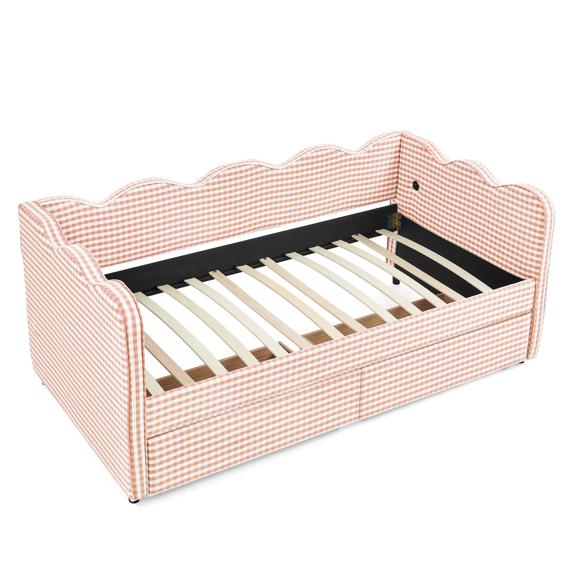 Twin Size Daybed with Storage Drawers and USB Port, Upholstered Linen Sofa Bed with Trundle Style Design, Kids Daybed Frame for Bedroom Living Room, Pink