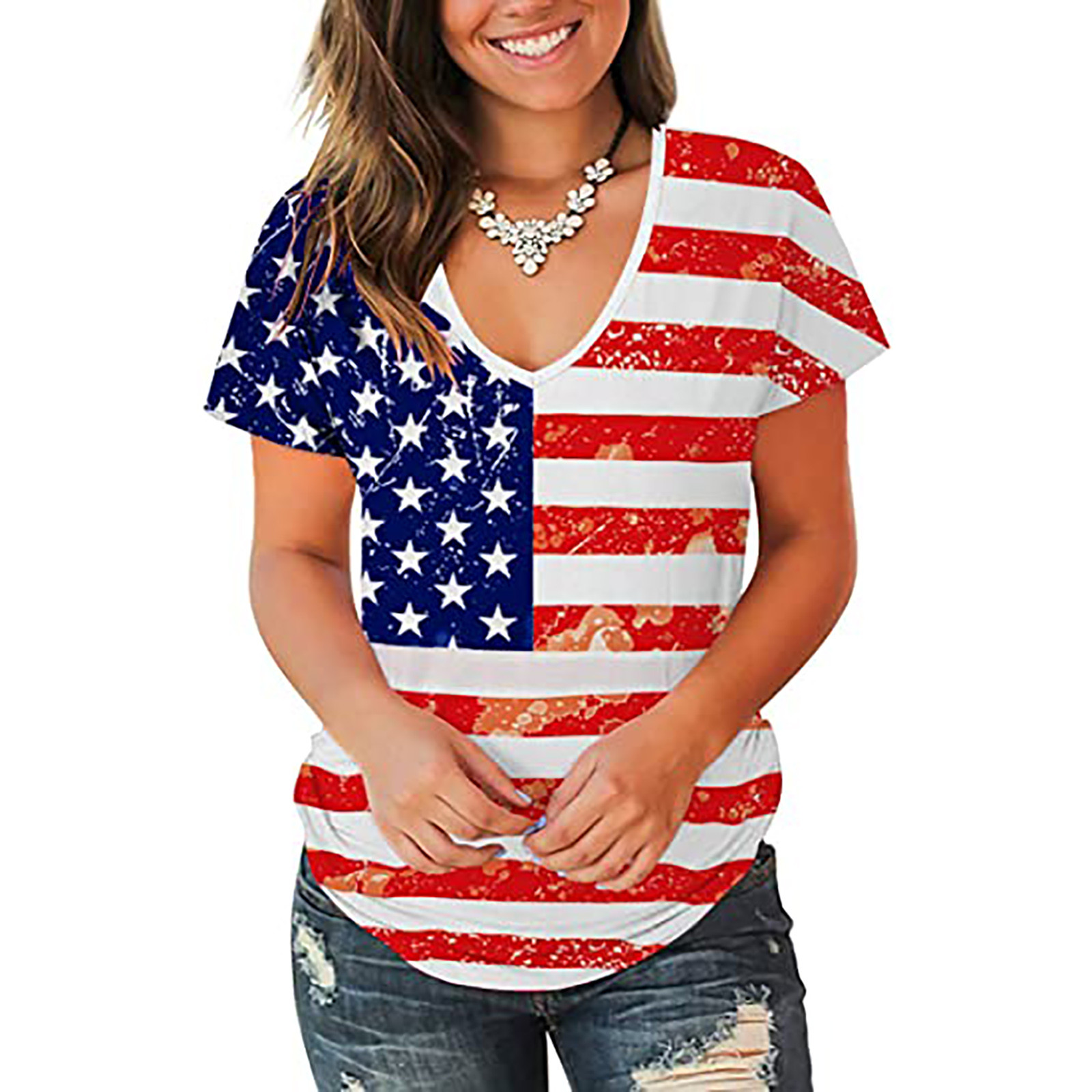 Womens T-Shirt Summer Independence Day Fashion Casual Printing O-Neck Loose Short Sleeve T-Shirt Pullover Tops