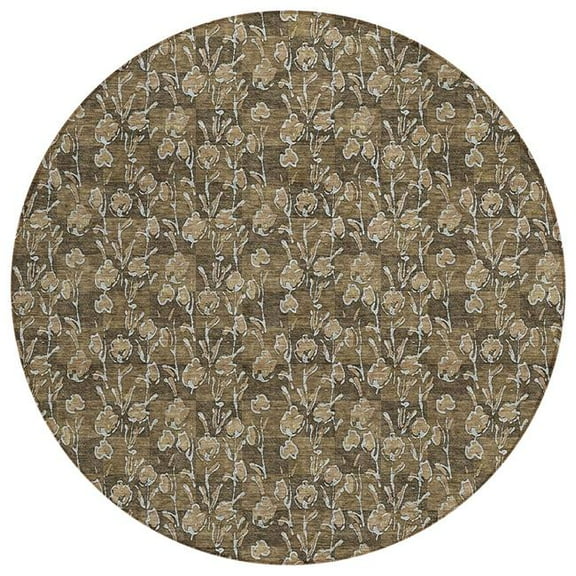 HomeRoots 581890 8 ft. Round Floral Washable Indoor & Outdoor Area Rug, Brown & Ivory