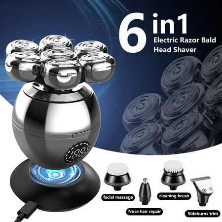 6 in 1 Electric Head Shaver for Bald Men 7D Floating Cutter Beard Trimmer Clipper IP68 Waterproof Shaving USB Wireless Charging