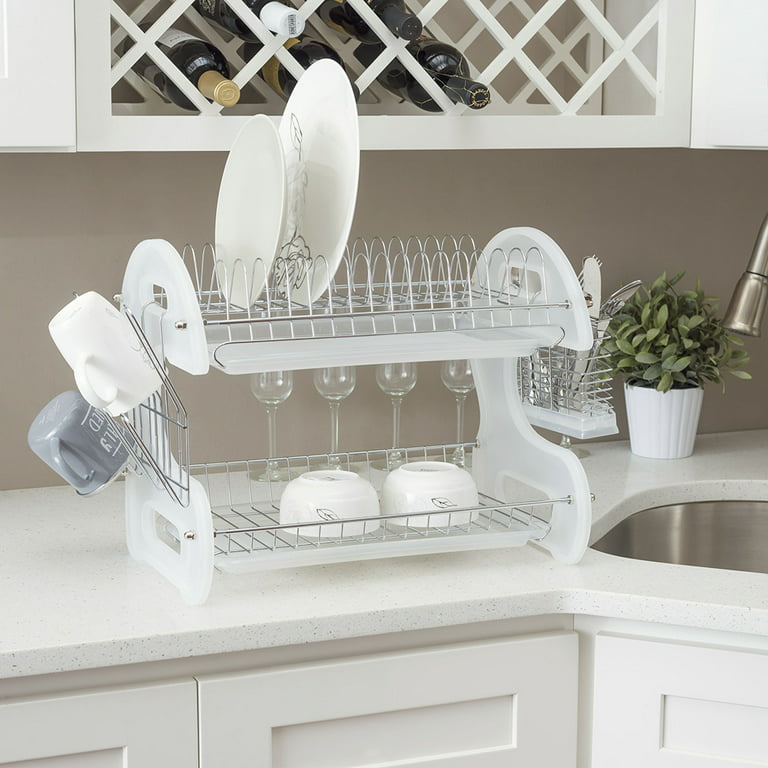 Home Basics 2 Tier Plastic Dish Drainer, White, KITCHEN ORGANIZATION