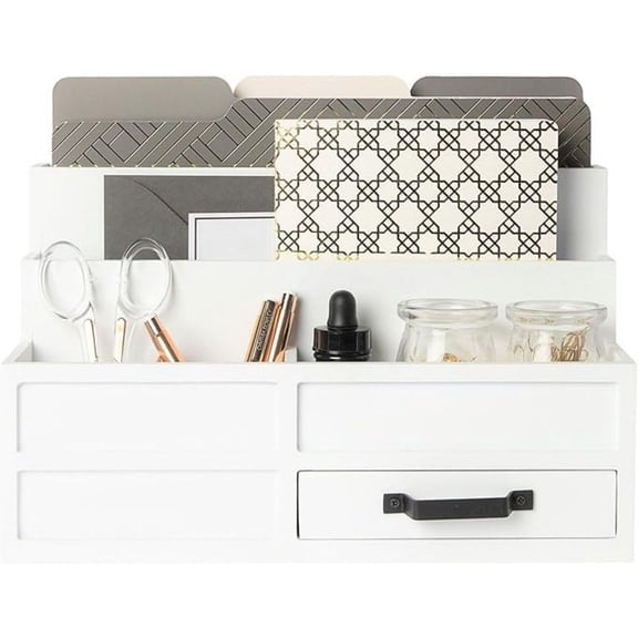 Desktop Organizer with Drawer - Home Countertop Storage - Paper Wood Bill Letter Mail Organizer for Office Desk Accessories & Workspace Organizers