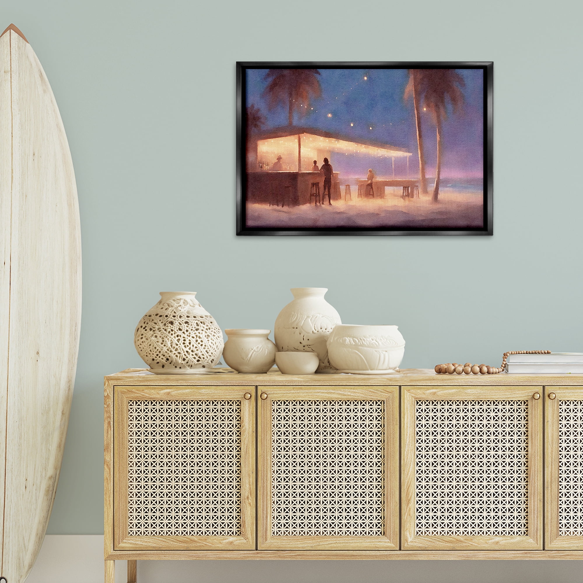 Stupell Industries Evening Beach Bar Nautical & Beach Painting Black Floater Framed Canvas Art Print Wall Art, 31 x 21
