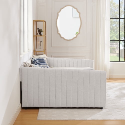 Queen Size Upholstered Daybed with 2 Storage Drawers, Vertical Stripe Linen Sofa Bed, Beige