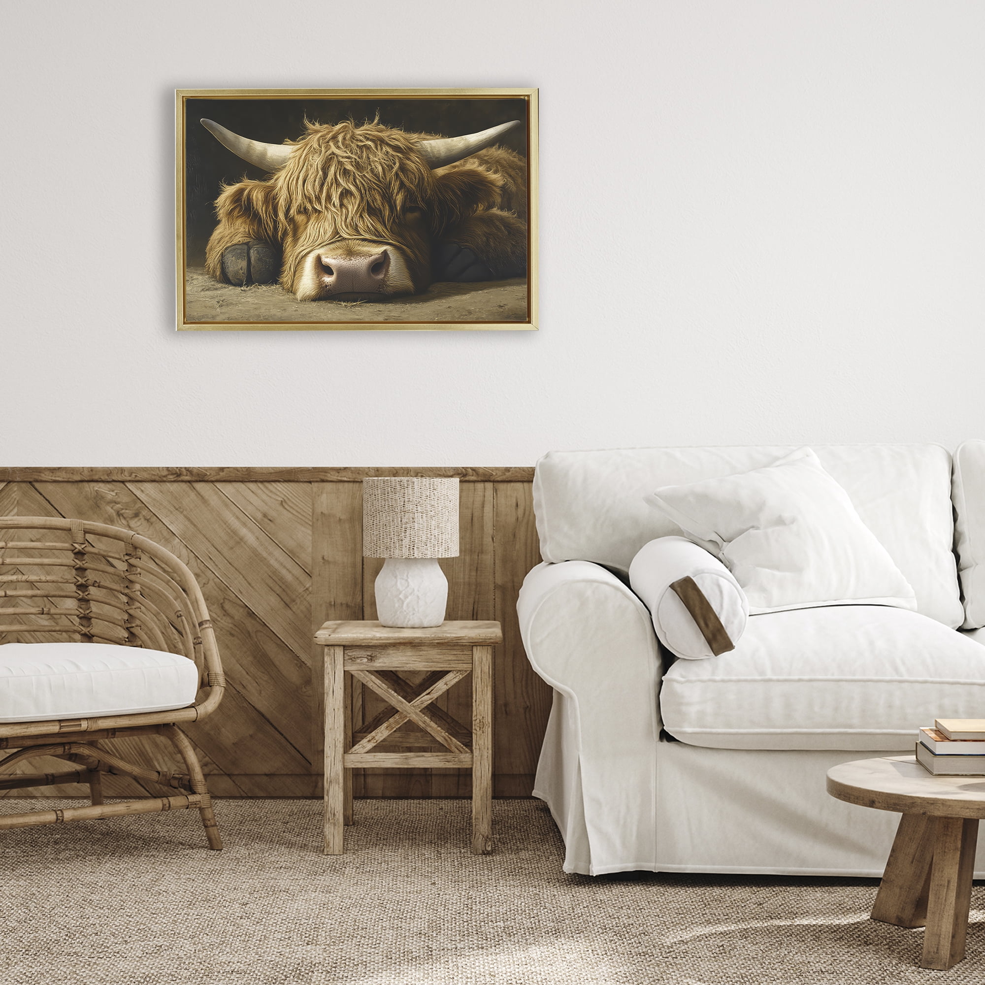 Stupell Industries Sleeping Highland Cow & Hoof Gold Framed Floater Canvas Wall Art, design by The Wands Want
