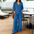 thumbnail image 2 of Soyumi Women's Summer Linen Short Sets, 2026 Cute Vacation Going Out Outfits V Neck Short Sleeve Linen Blend Top Wide Leg Palazzo Pants Beach Resort Trendy Flowy Clothes, Blue, 2 of 8