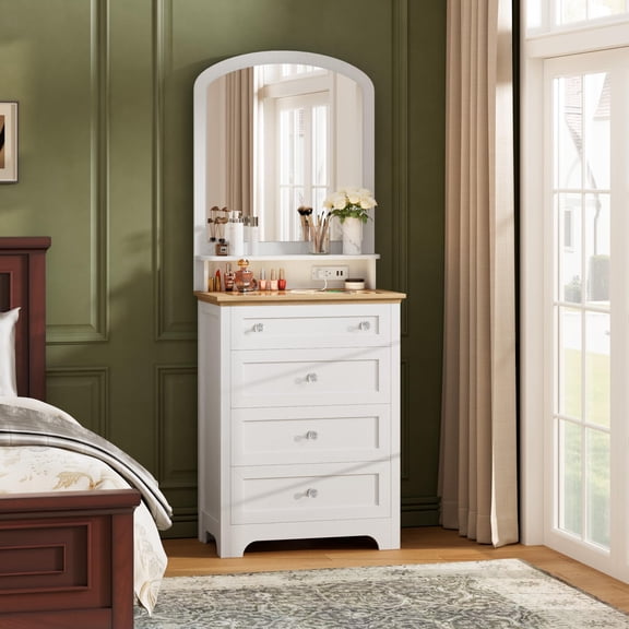 Danolapsi 4 Drawer Dresser with Mirror - Charge Station and LED Strip, 4 Drawer Cabinet with Cristal Knobs, Modern Makeup Vanity Table for Small Space, Bedroom, Living Room, Entryway