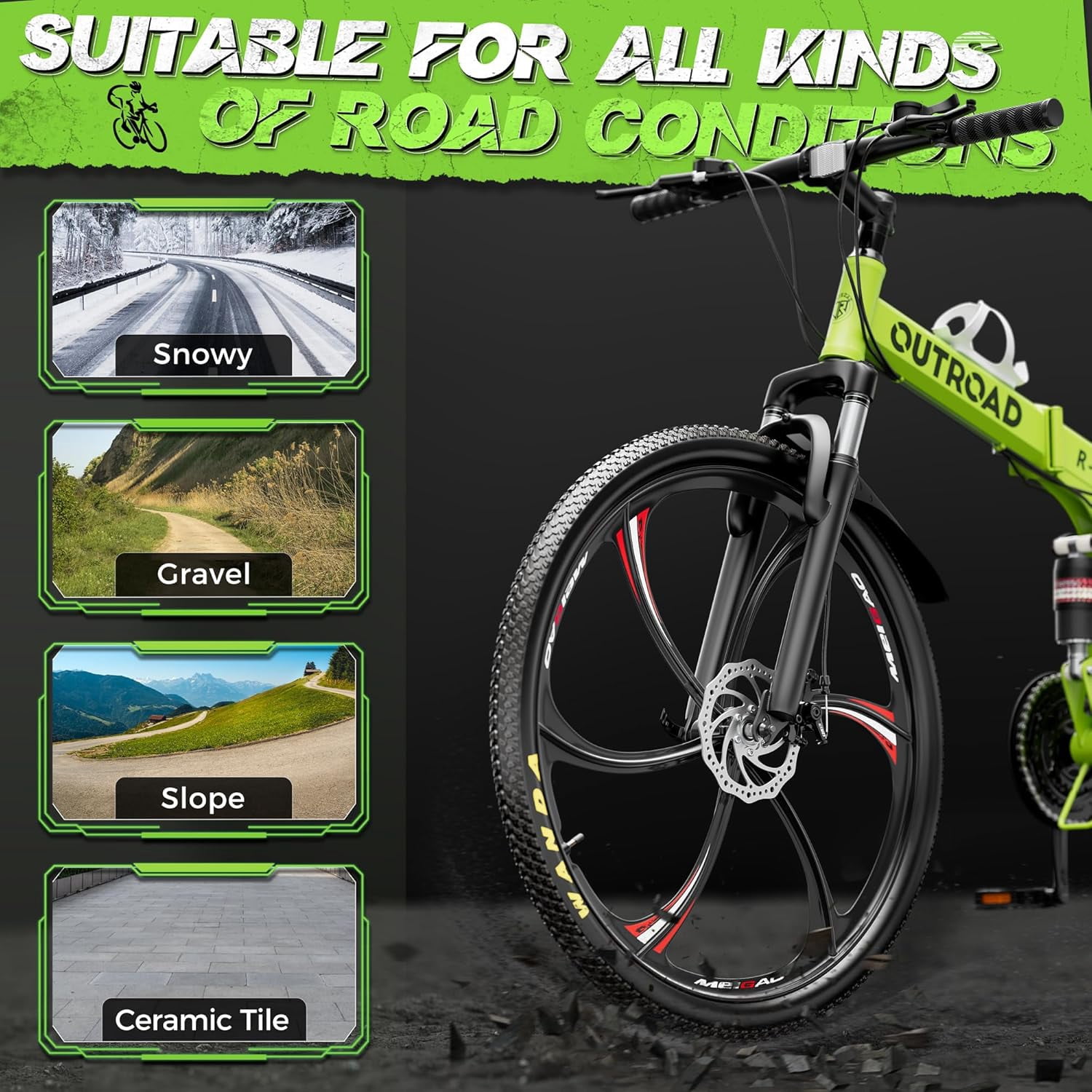 Marknig 26 inch Folding Mountain Bike, 21 Speed Full Suspension High-Carbon Steel Foldable Bicycle with Dual Disc Brake for Adults, Green