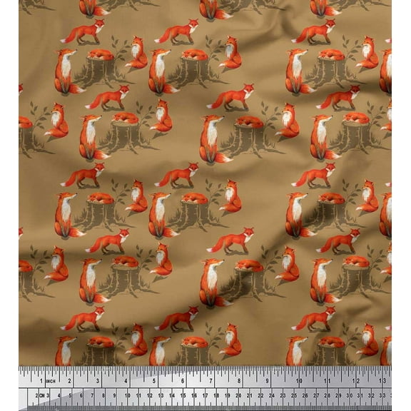 Soimoi Brown Cotton Duck Fabric Tree Stump & Fox Animal Fabric Prints By Yard 42 Inch Wide