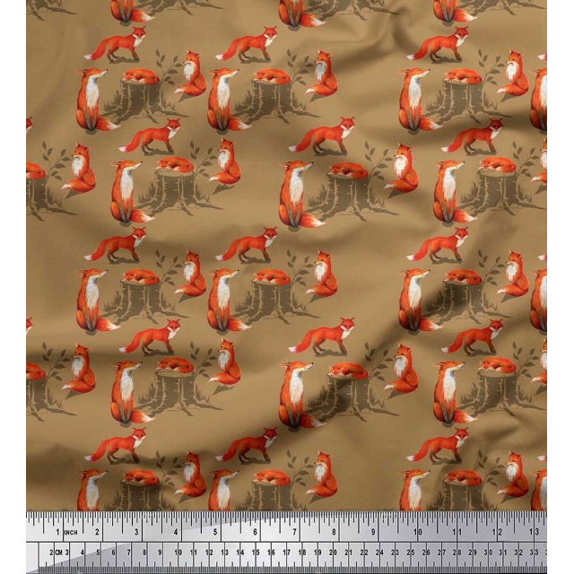 Soimoi Brown Cotton Voile Fabric Tree Stump & Fox Animal Fabric Prints By Yard 42 Inch Wide