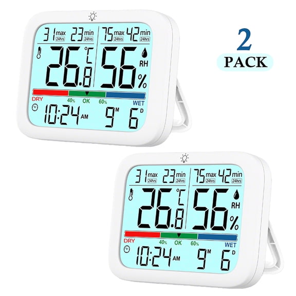 Amaopus 2 Pcs Mini Digital Indoor Thermometer Hygrometer Clock, Room Temperature Humidity Monitor with Calibration, Backlight, Air Comfort Indicator, 24H Max Min Record, Time, Date, Alarm for Home