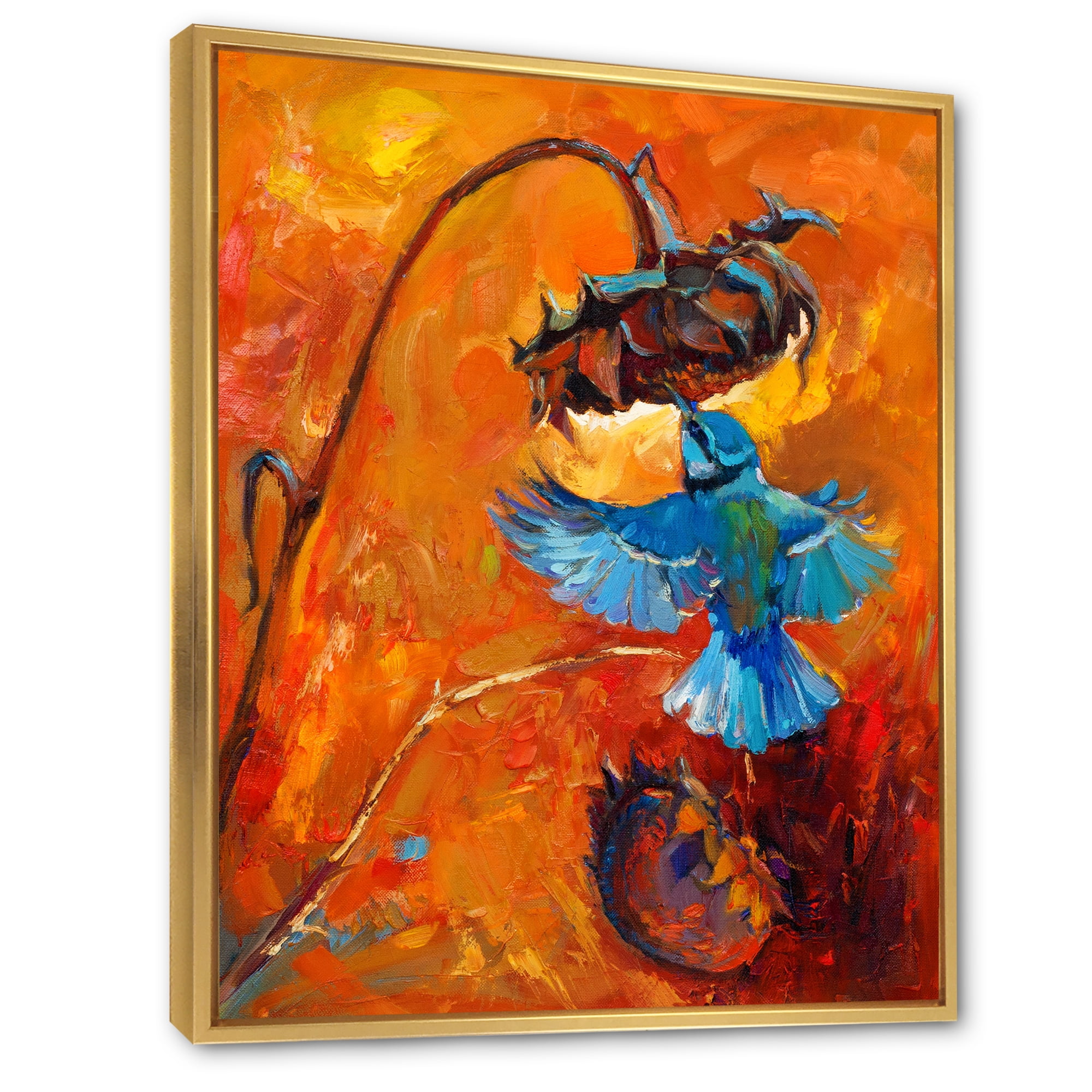 Blue Hummingbird On Orange Sunflower 16 in x 32 in Framed Painting Canvas Art Print, by Designart