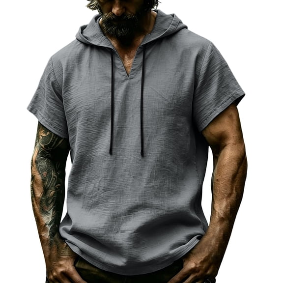 TKKCS Mens Short Sleeve V-Neck Hoodie- Drawstring Breathable Pullover Loose Fit Summer Casual Lightweight Hooded T-Shirts Gray Size 3XL