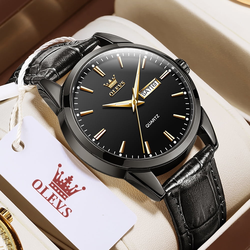 OLEVS Mens Watches,Black Leather Watch for Men,Black Analog Quartz Fashion Business Dress Watch Luminous Waterproof Casual Male Wrist Watches Reloj para Hombre
