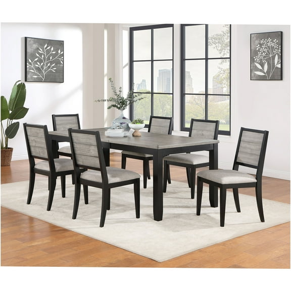 JERFIT 7-Piece Dining Set with Extendable Table, 6 Upholstered Chairs, Modern Farmhouse Style in Black and Gray Wood