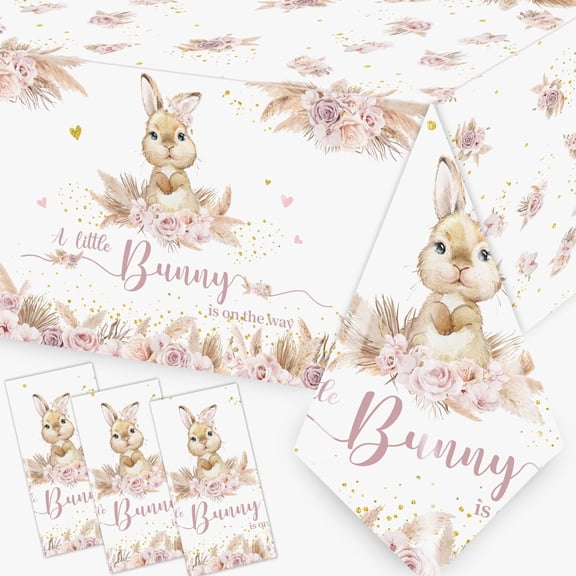 Baby Shower Tablecloth Set, 3-Pack Disposable Plastic Covers, Easter A Little Bunny Is On The Way Boho Pink Rabbit Theme For Spring Party Decorations