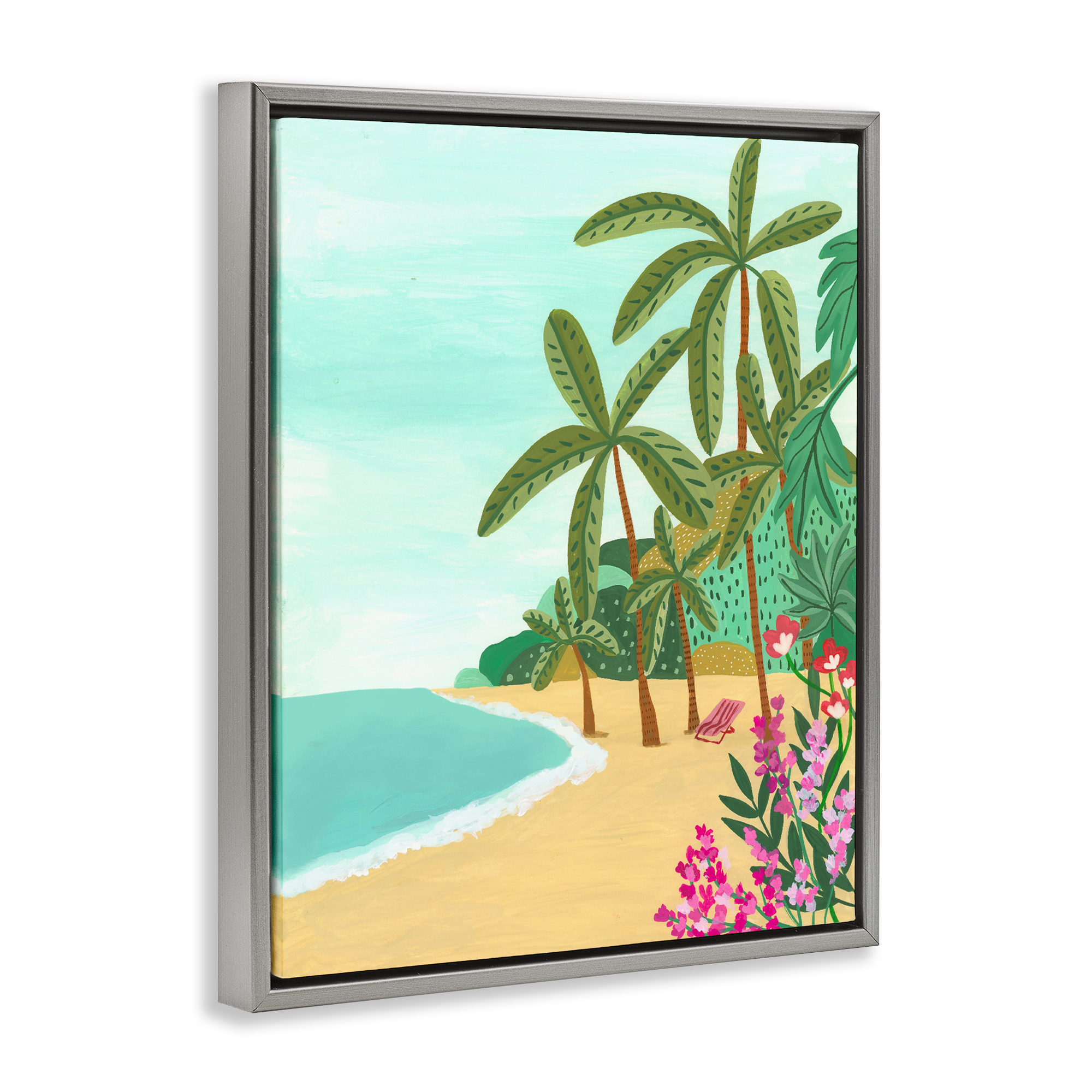 Palm Filled Shoreline Gray Framed Floater Canvas Wall Art, design by Nabeela Rumi