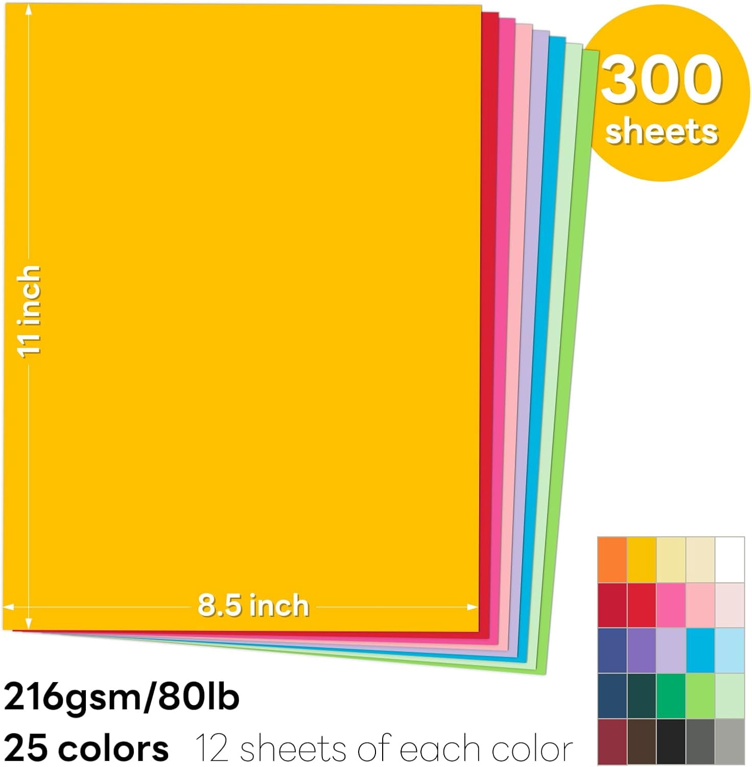 300 Sheets Colored Cardstock Thick Colored paper, General 25 Colors 80lb Construction Paper Assorted Color for Crafts & Printing