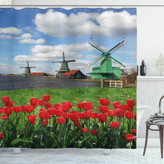 Ambesonne Windmill Shower Curtain, Red Color Tulips Field, 69"Wx84"L, Multicolor