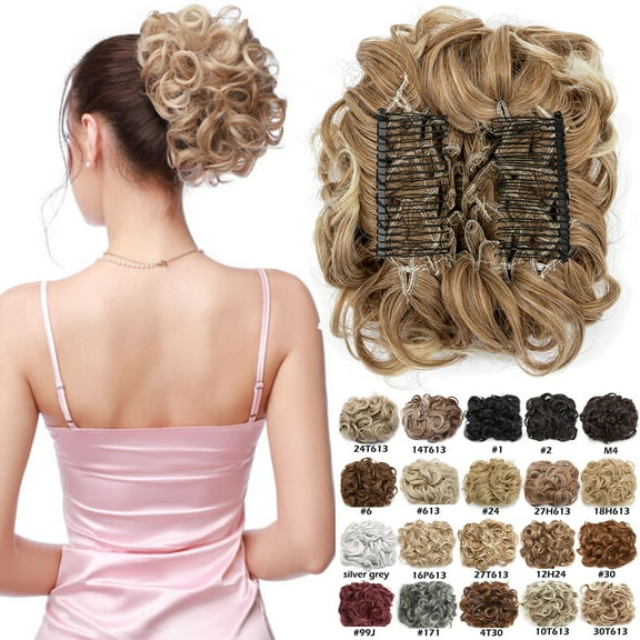 HAIRRO Messy Bun Hair Pieces Double Combs Hair Buns Hair Piece for Women Curly Clip in Hair Bun with Elastic band Short Ponytail Extension Hairpieces for Daily Use