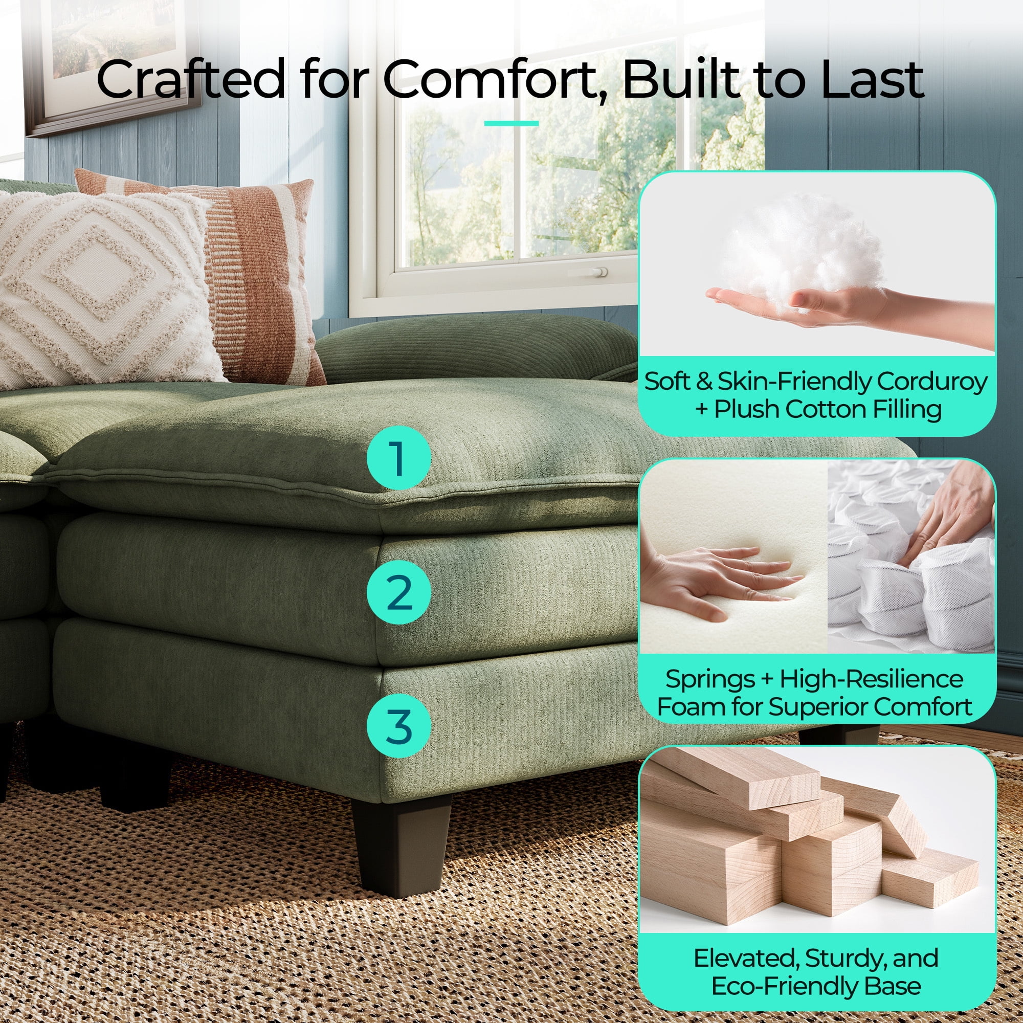 Linsy Home 123" Oversized Modular Sectional Sofa with Movable Ottoman, 3-Seat L Shaped Cloud Couch for Living Room, Green