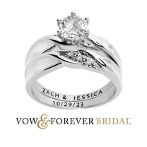 Vow & Forever Personalized Planet Bridal Platinum over Sterling Silver Round White Topaz Diamond Accent 2-Piece Engraved Wedding Ring Set ,Women's