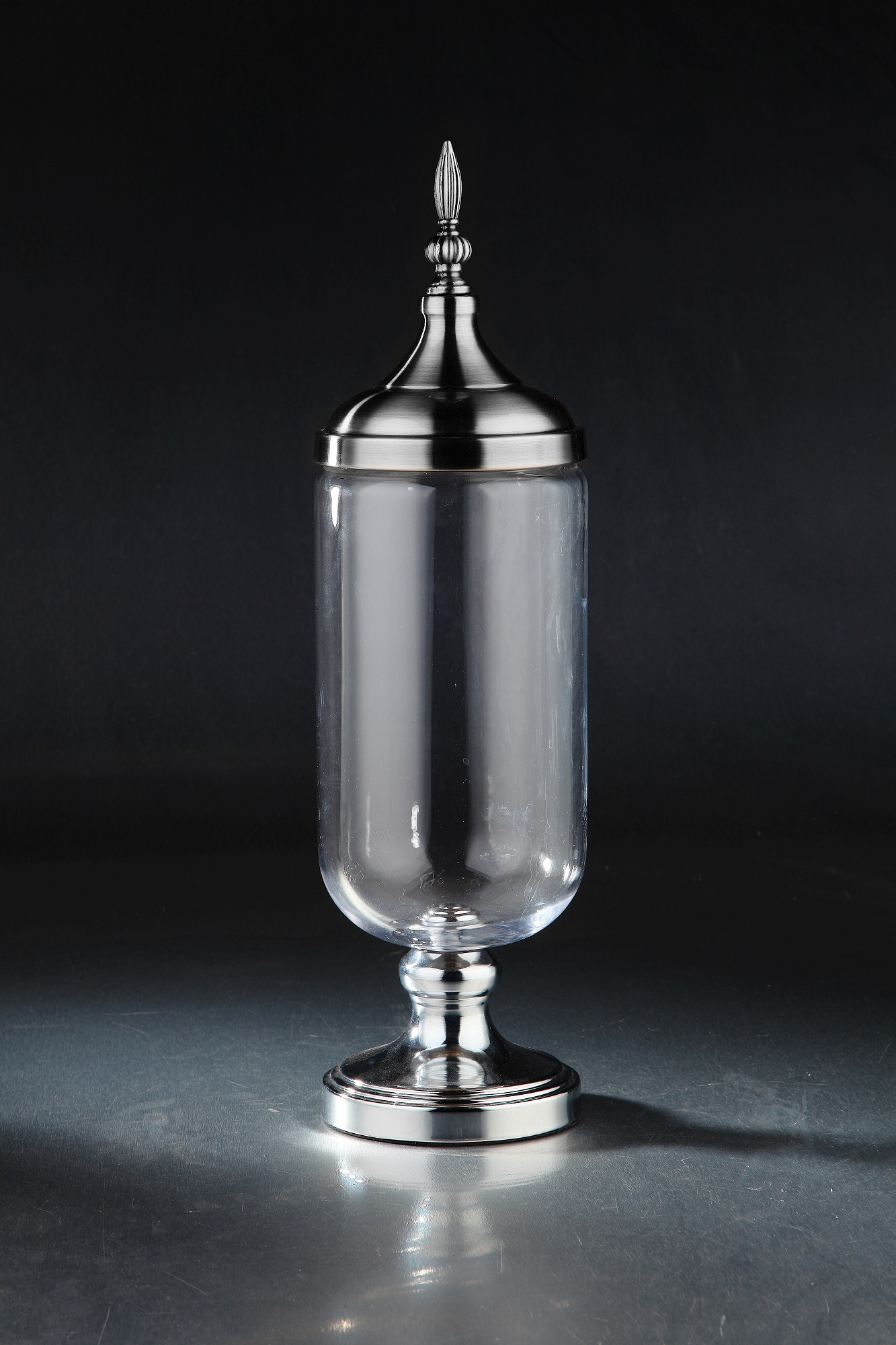 21.5" Clear and Silver Cylindrical Glass Jars with Finial Lid