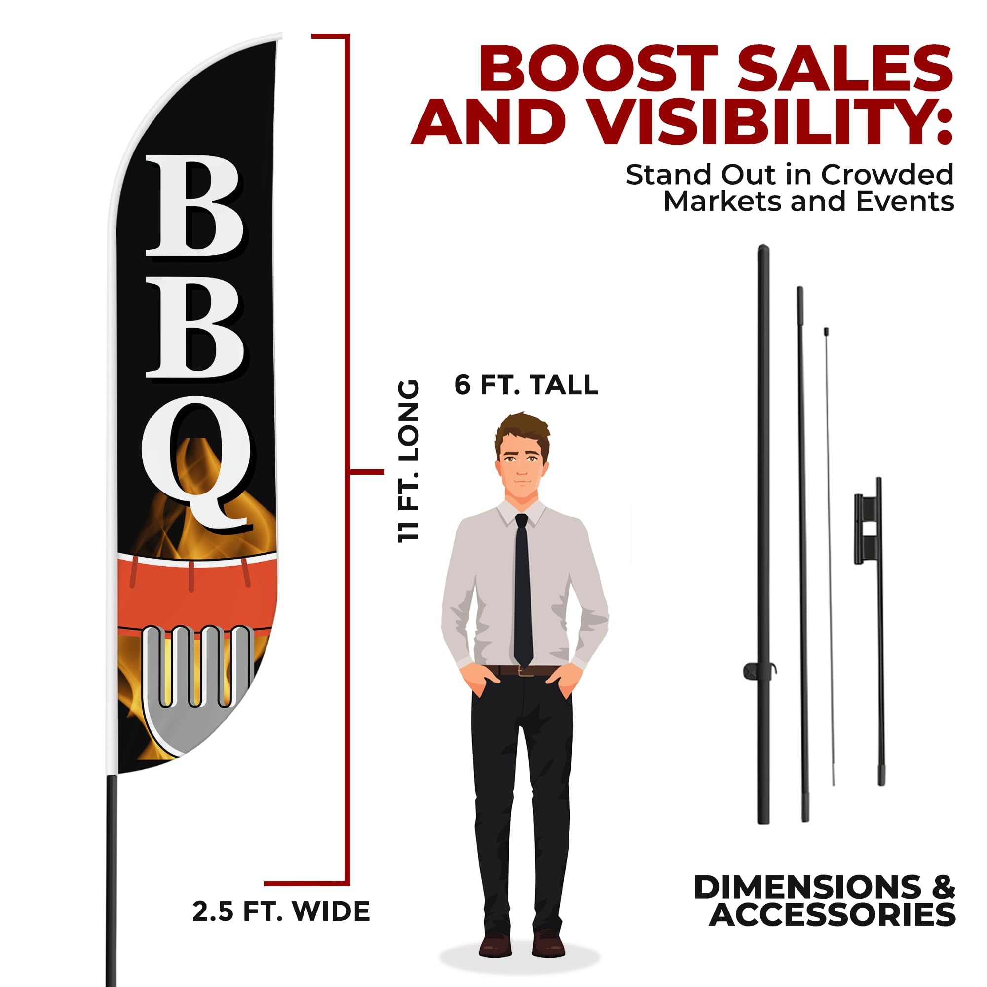 BBQ Sign feather flag Pole Mount for Outdoor by Mavis Print | 15 FEET Long Polyester Outdoor Banner Flag with Pole Kit for Easy Hang | HD Print Swooper Flag Pole Mount for Food Advertising