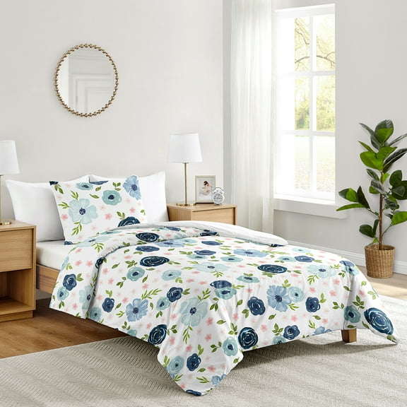 Sweet Jojo Designs Watercolor Floral Blue and Pink Twin Bedding Set - 2 pieces