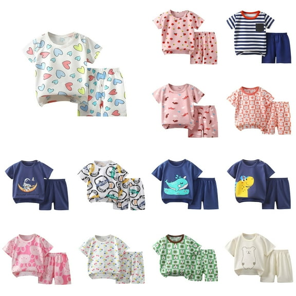 Ahuyic Summer Toddler Kids Shirt and Short Pants Set Boys Girls Printed Round Neck 2 Piece Outfits Casual Children's Set 6 Months White