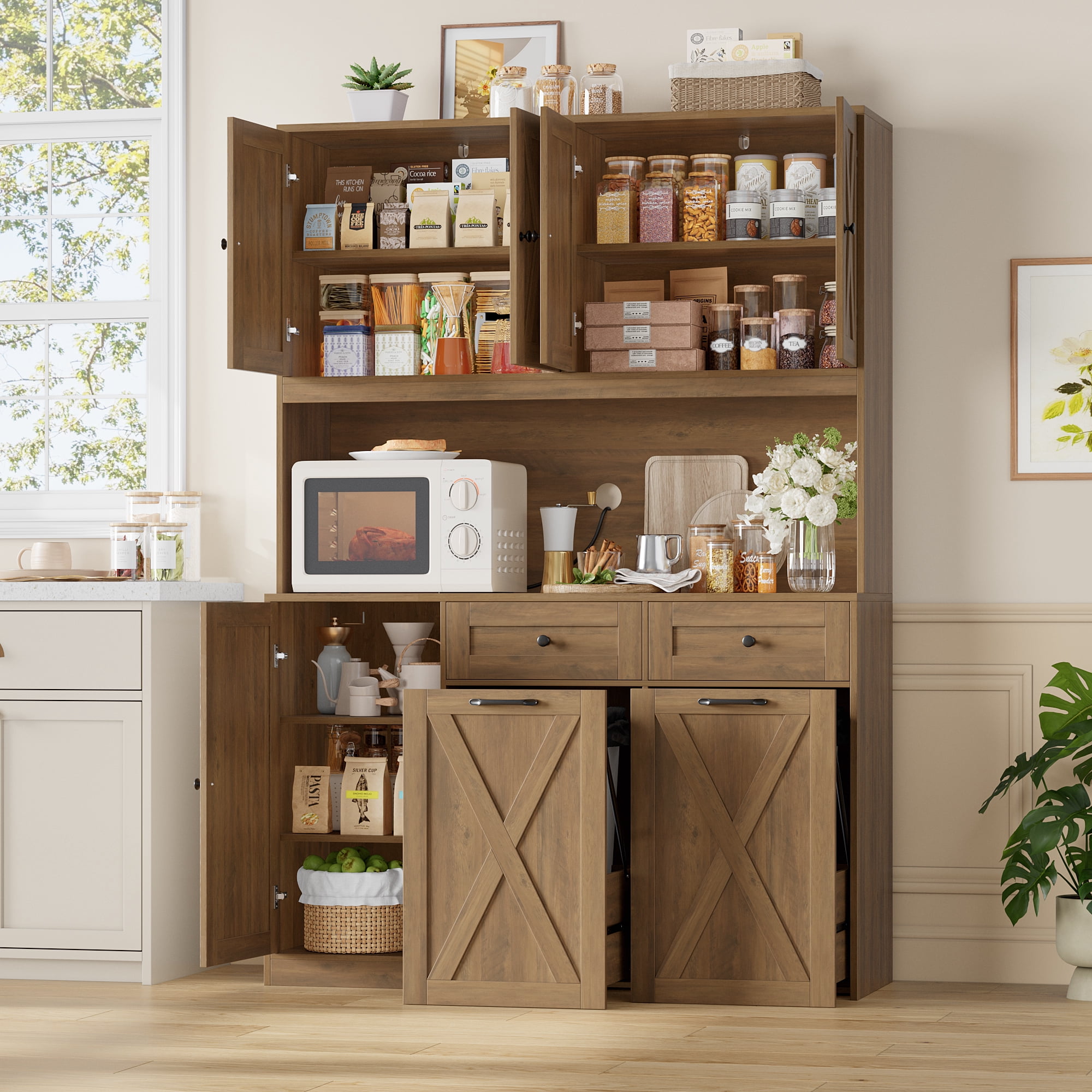 Homfa Kitchen Pantry Cabinet, Trash Can Cabinets Fits 12.5 Gallon Can, 5 Door 2 Drawer Kitchen Storage Cabinet with Hutch, Freestanding Cupboard, Rustic Brown