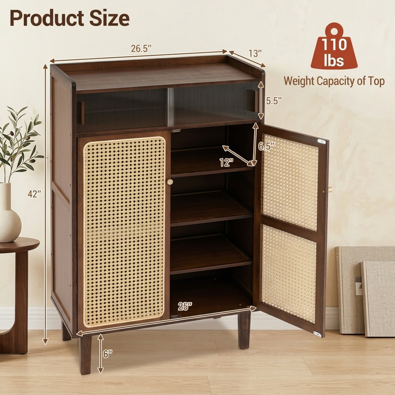 Furnibear 5 Tier Bamboo Shoe Storage Cabinet with Woven PE Rattan and See Through Sliding Doors for Entryway Hallway Closet, Walnut