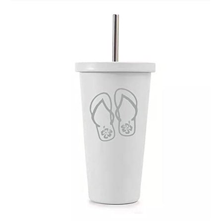 

16 oz Stainless Steel Double Wall Insulated Tumbler Pool Beach Cup Travel Mug With Straw Flip Flops With Hibiscus (White)
