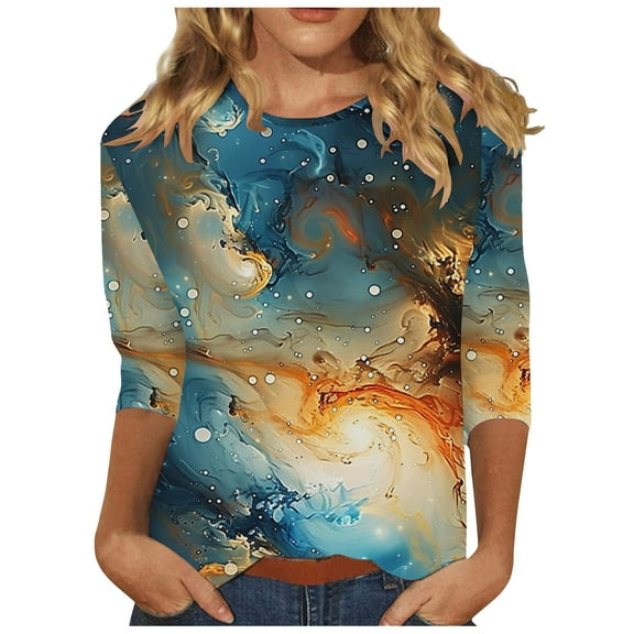 AKOEE 3/4 Sleeve Tops for Women Plus Size S-3X Graphic Tee Shirts Sky Galaxy Printed Cotton Crewneck Tshirts (XL, Multicolor 06)