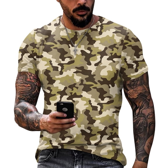 Dresfit Mens Gym Shirts Short Sleeve Camouflage Work Out T Shirts Crew Neck Big and Tall Basic Tennis Tees Musle Cotton Tops Brown XL